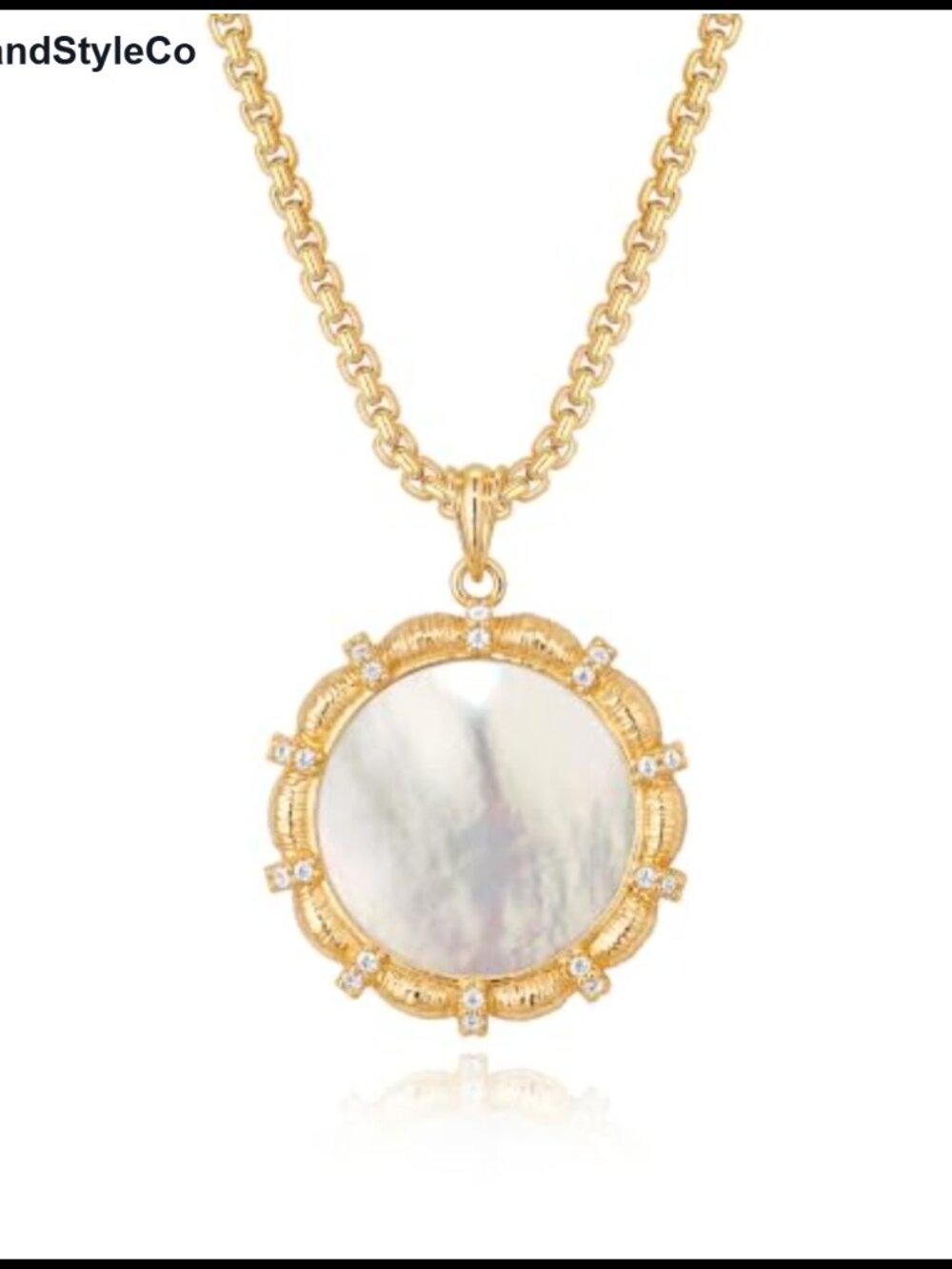 Mother of Pearl Round Pendant Necklace Gold Tone Brass 19.6in